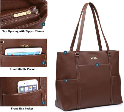 Classic Laptop Leather Tote Bag for 15 15.6 inch Notebook Computers Travel Carrying Bag with Smart Trolley Strap Design - Black
