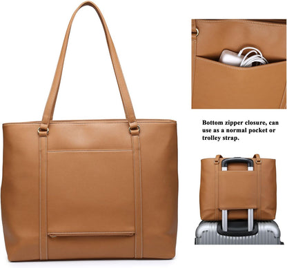 Classic Laptop Leather Tote Bag for 15 15.6 inch Notebook Computers Travel Carrying Bag with Smart Trolley Strap Design - Black