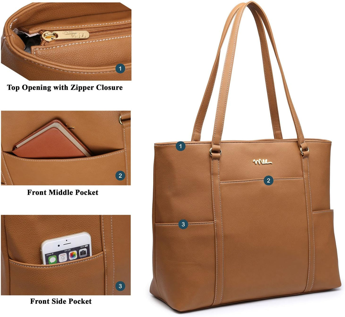Classic Laptop Leather Tote Bag for 15 15.6 inch Notebook Computers Travel Carrying Bag with Smart Trolley Strap Design - Black