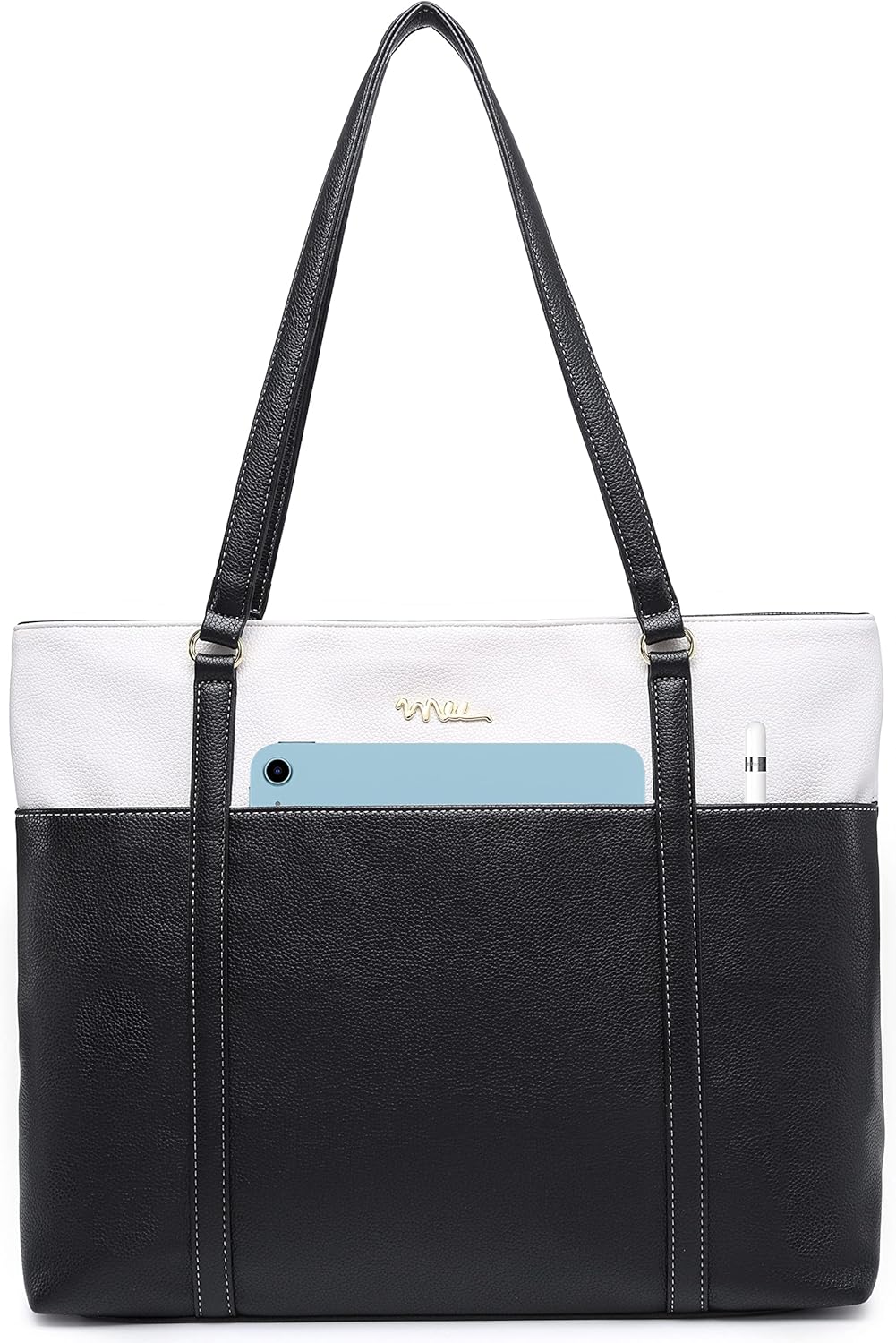 Classic Laptop Leather Tote Bag for 15 15.6 inch Notebook Computers Travel Carrying Bag with Smart Trolley Strap Design - Black