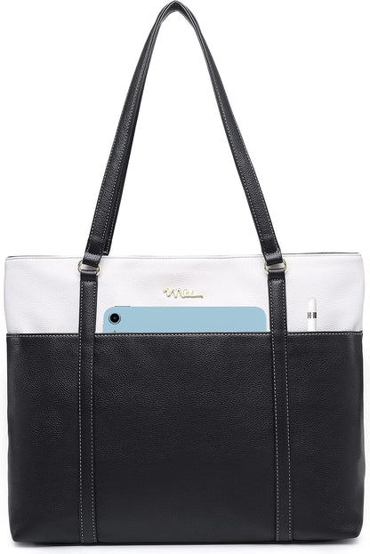 Classic Laptop Leather Tote Bag for 15 15.6 inch Notebook Computers Travel Carrying Bag with Smart Trolley Strap Design - Black