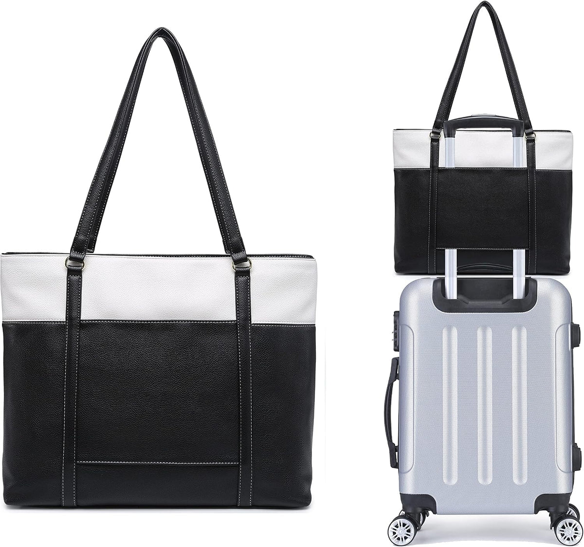 Classic Laptop Leather Tote Bag for 15 15.6 inch Notebook Computers Travel Carrying Bag with Smart Trolley Strap Design - Black