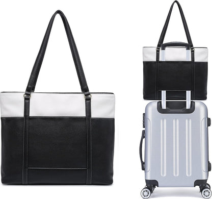 Classic Laptop Leather Tote Bag for 15 15.6 inch Notebook Computers Travel Carrying Bag with Smart Trolley Strap Design - Black