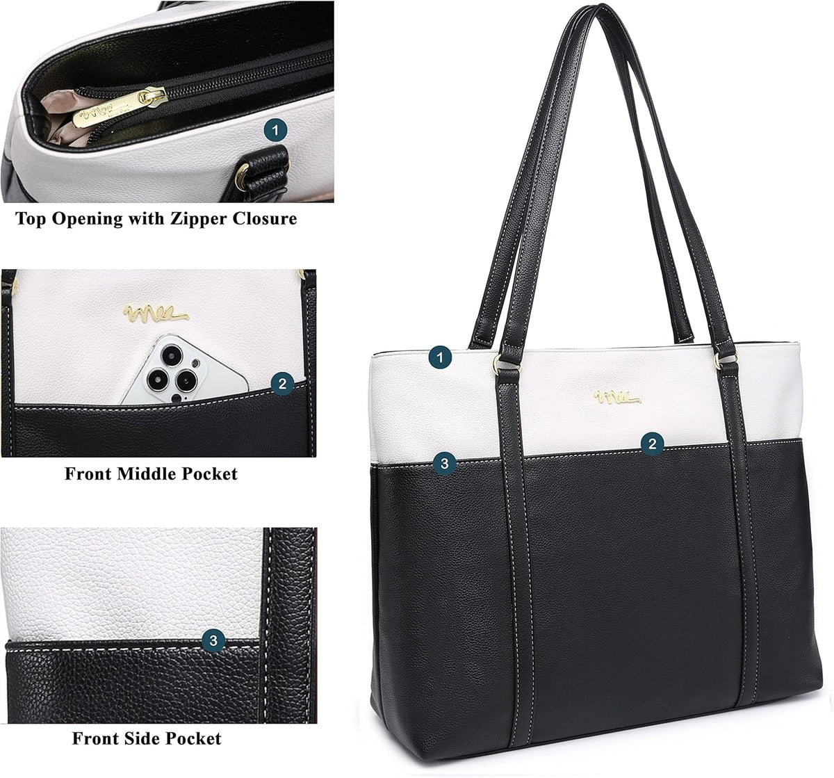 Classic Laptop Leather Tote Bag for 15 15.6 inch Notebook Computers Travel Carrying Bag with Smart Trolley Strap Design - Black