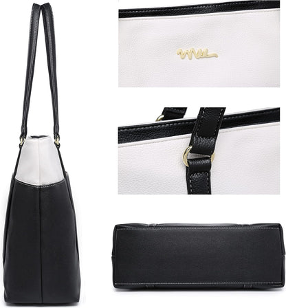 Classic Laptop Leather Tote Bag for 15 15.6 inch Notebook Computers Travel Carrying Bag with Smart Trolley Strap Design - Black