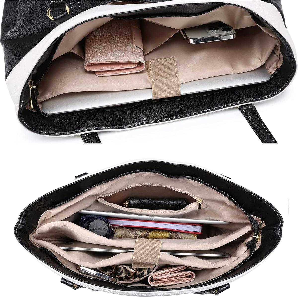 Classic Laptop Leather Tote Bag for 15 15.6 inch Notebook Computers Travel Carrying Bag with Smart Trolley Strap Design - Black