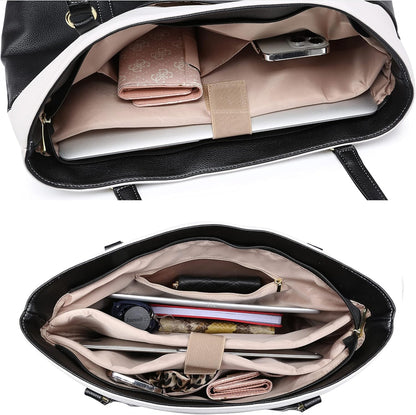 Classic Laptop Leather Tote Bag for 15 15.6 inch Notebook Computers Travel Carrying Bag with Smart Trolley Strap Design - Black