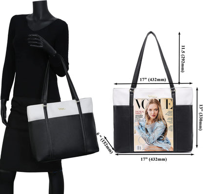 Classic Laptop Leather Tote Bag for 15 15.6 inch Notebook Computers Travel Carrying Bag with Smart Trolley Strap Design - Black