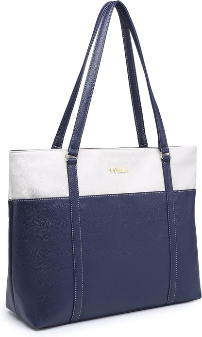 Classic Laptop Leather Tote Bag for 15 15.6 inch Notebook Computers Travel Carrying Bag with Smart Trolley Strap Design - Black