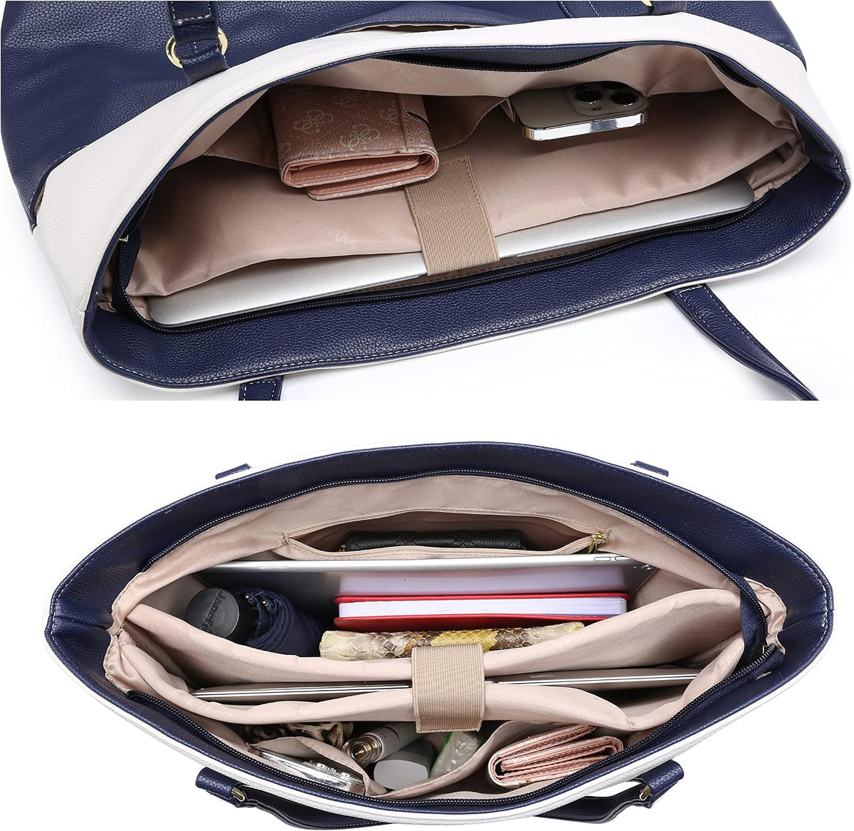Classic Laptop Leather Tote Bag for 15 15.6 inch Notebook Computers Travel Carrying Bag with Smart Trolley Strap Design - Black