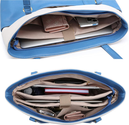 Classic Laptop Leather Tote Bag for 15 15.6 inch Notebook Computers Travel Carrying Bag with Smart Trolley Strap Design - Black