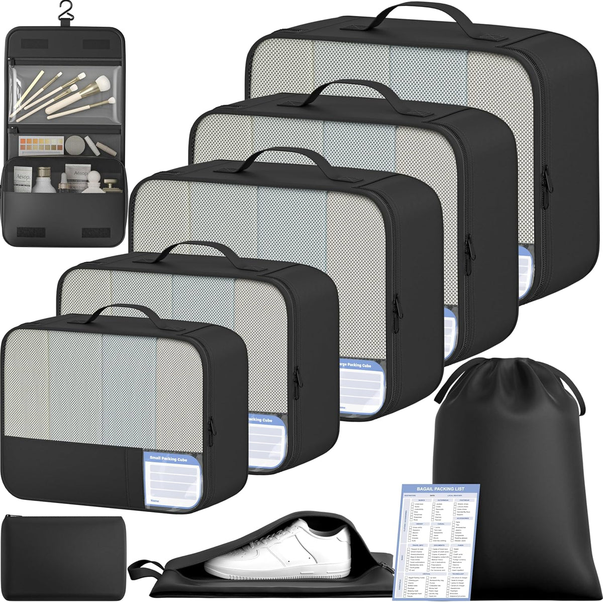 9 Set Packing Cubes with Packing List Luggage Packing Organizers for Travel Accessories (Black)