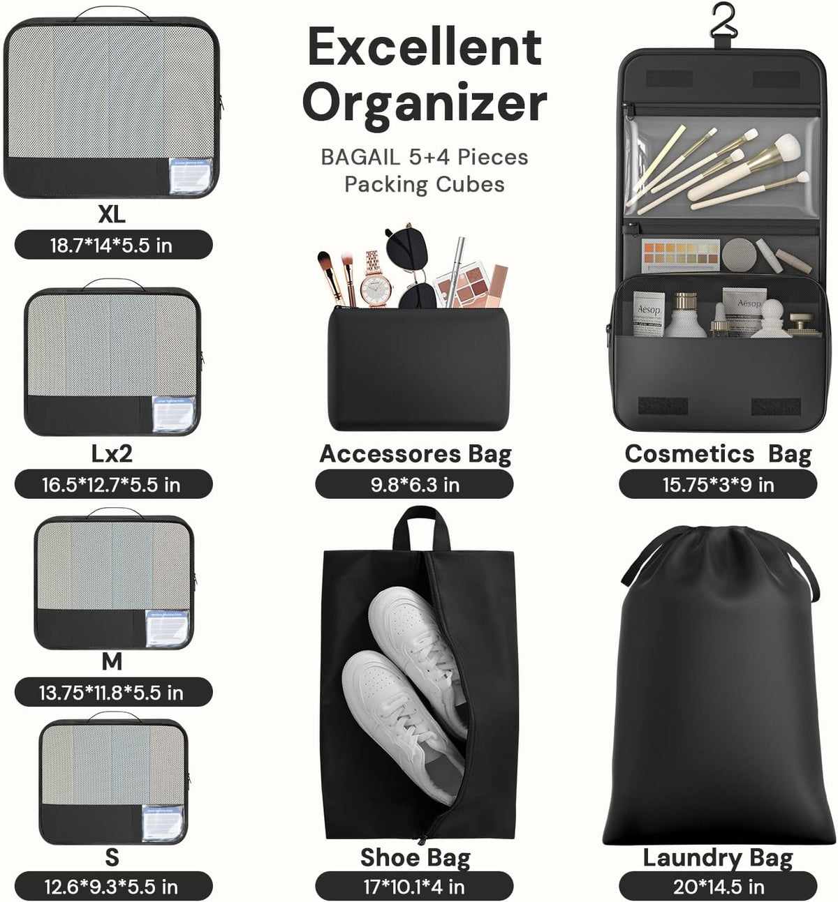 9 Set Packing Cubes with Packing List Luggage Packing Organizers for Travel Accessories (Black)