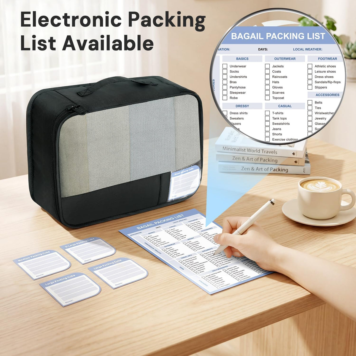 9 Set Packing Cubes with Packing List Luggage Packing Organizers for Travel Accessories (Black)