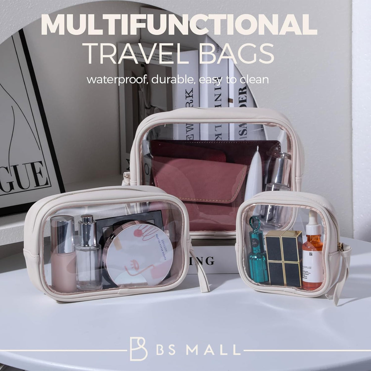 Toiletry Bag Waterproof Makeup Organizer Travel Size Clear - Makeup Cosmetic Organizer Water-resistant Portable Pouch PU Leather Washable Travel Essentials Makeup Bag 3 Pack
