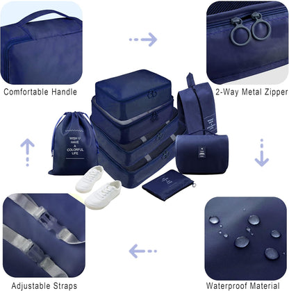 Packing Cubes, 8 Pcs Travel Packing Organizers for Suitcases, Large Capacity Travel Luggage Organizers Set includes 8 Storage Bags, Travel Essentials for Women or Men (Navy Blue)