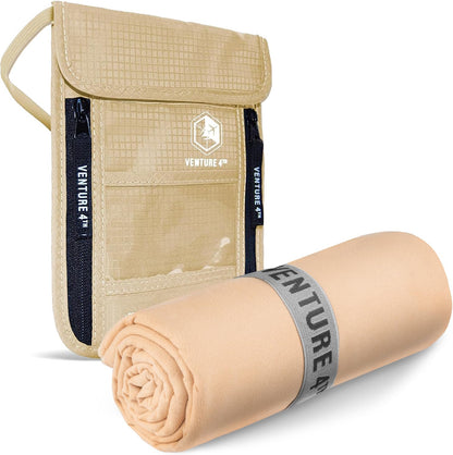 Hidden Neck Pouch for Travel & Quick Dry Towel Set - Ideal Travel Bundle for Vacations, Backpacking and Business Trips - Size L Travel Towel