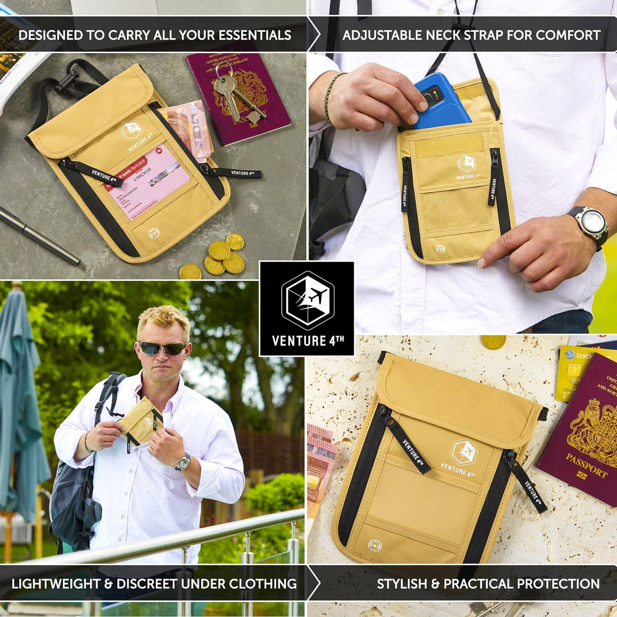 Hidden Neck Pouch for Travel & Quick Dry Towel Set - Ideal Travel Bundle for Vacations, Backpacking and Business Trips - Size L Travel Towel