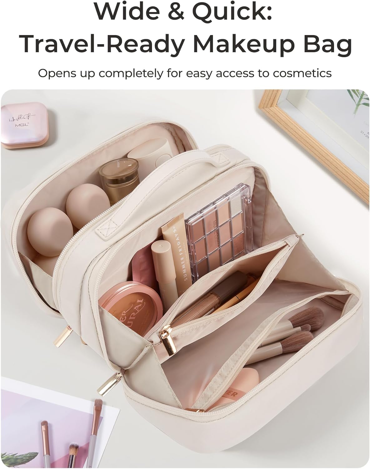 Travel Makeup Bag, Make Up Bag with Multiple Compartments for Organizer, Durable & Compact Cosmetic Organizer for Women for Travel Accessories (Beige)