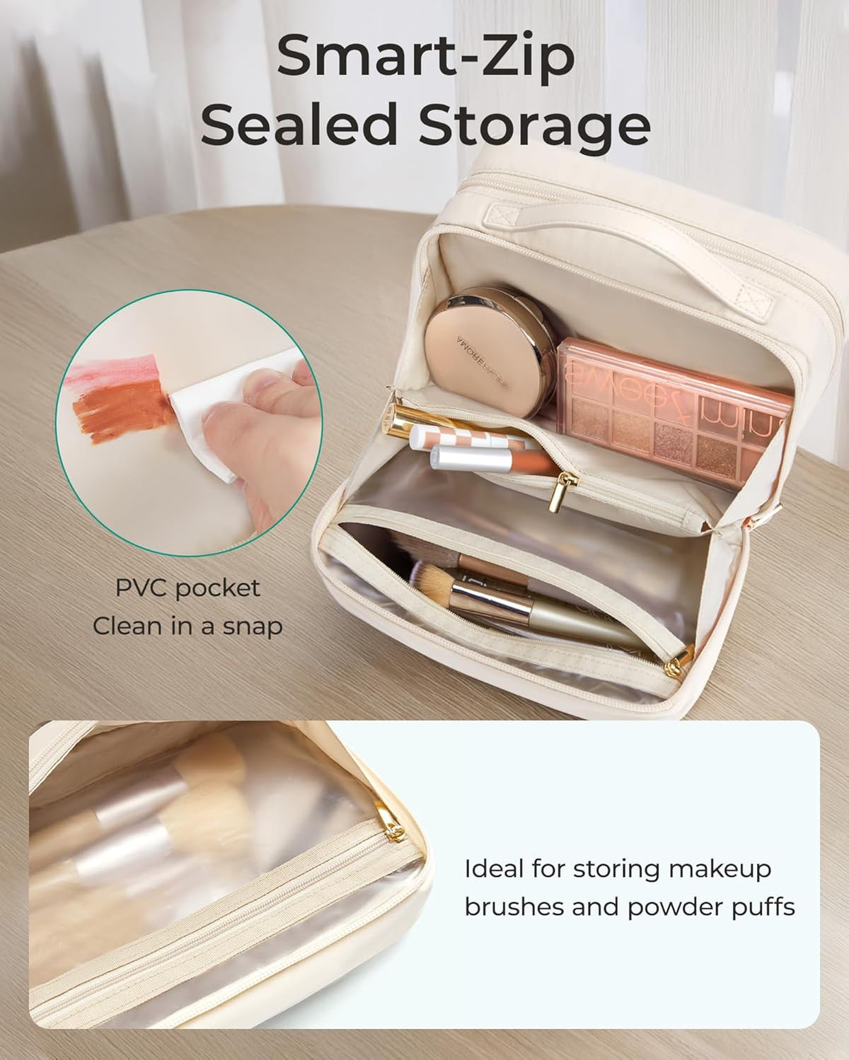 Travel Makeup Bag, Make Up Bag with Multiple Compartments for Organizer, Durable & Compact Cosmetic Organizer for Women for Travel Accessories (Beige)