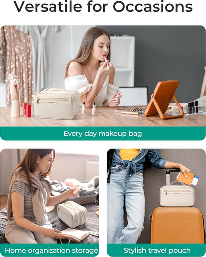 Travel Makeup Bag, Make Up Bag with Multiple Compartments for Organizer, Durable & Compact Cosmetic Organizer for Women for Travel Accessories (Beige)