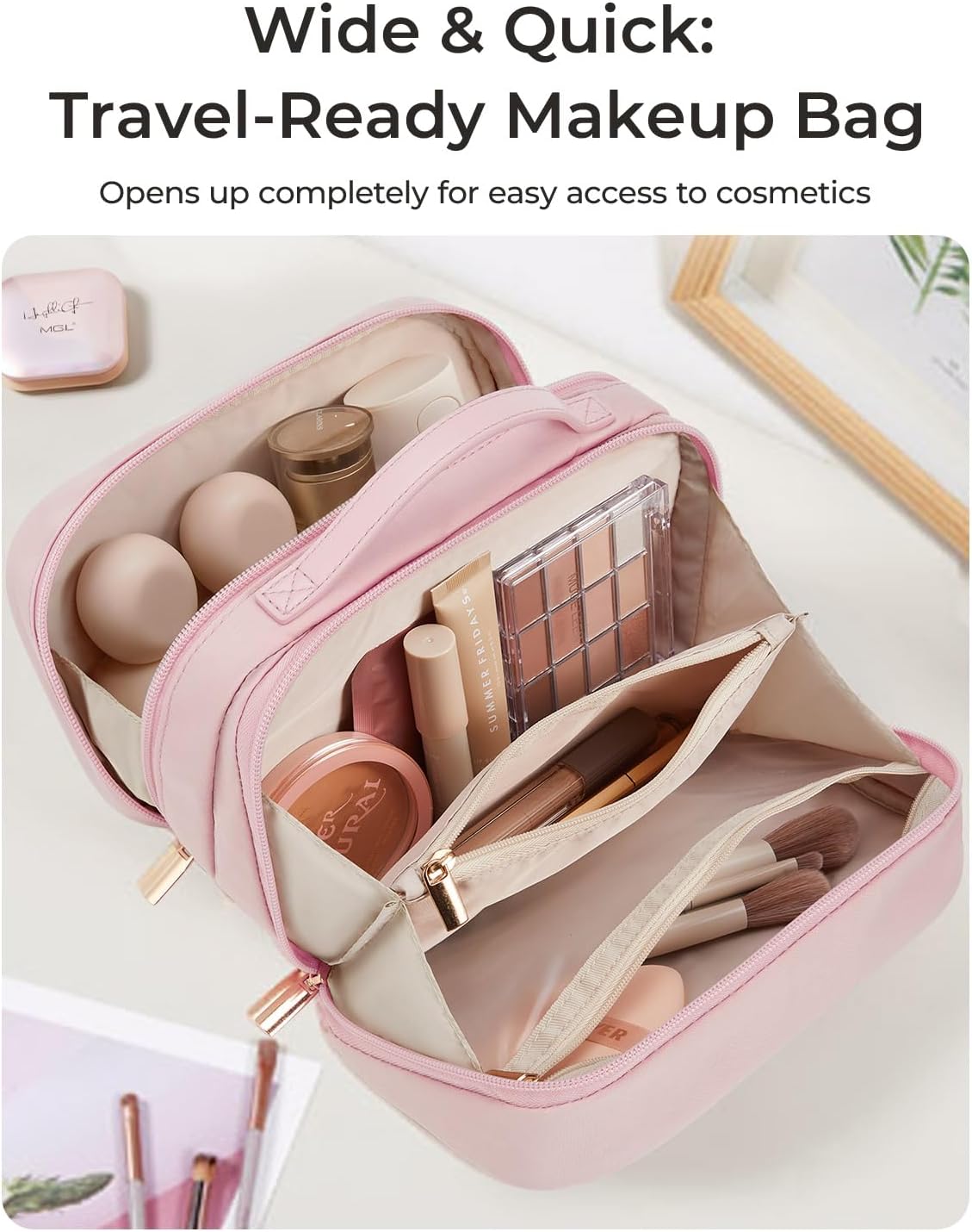 Travel Makeup Bag, Make Up Bag with Multiple Compartments for Organizer, Durable & Compact Cosmetic Organizer for Women for Travel Accessories (Beige)