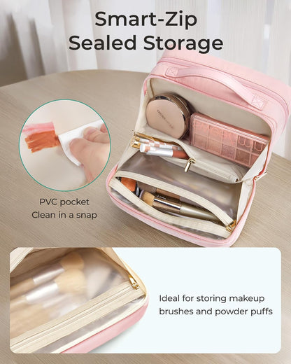 Travel Makeup Bag, Make Up Bag with Multiple Compartments for Organizer, Durable & Compact Cosmetic Organizer for Women for Travel Accessories (Beige)