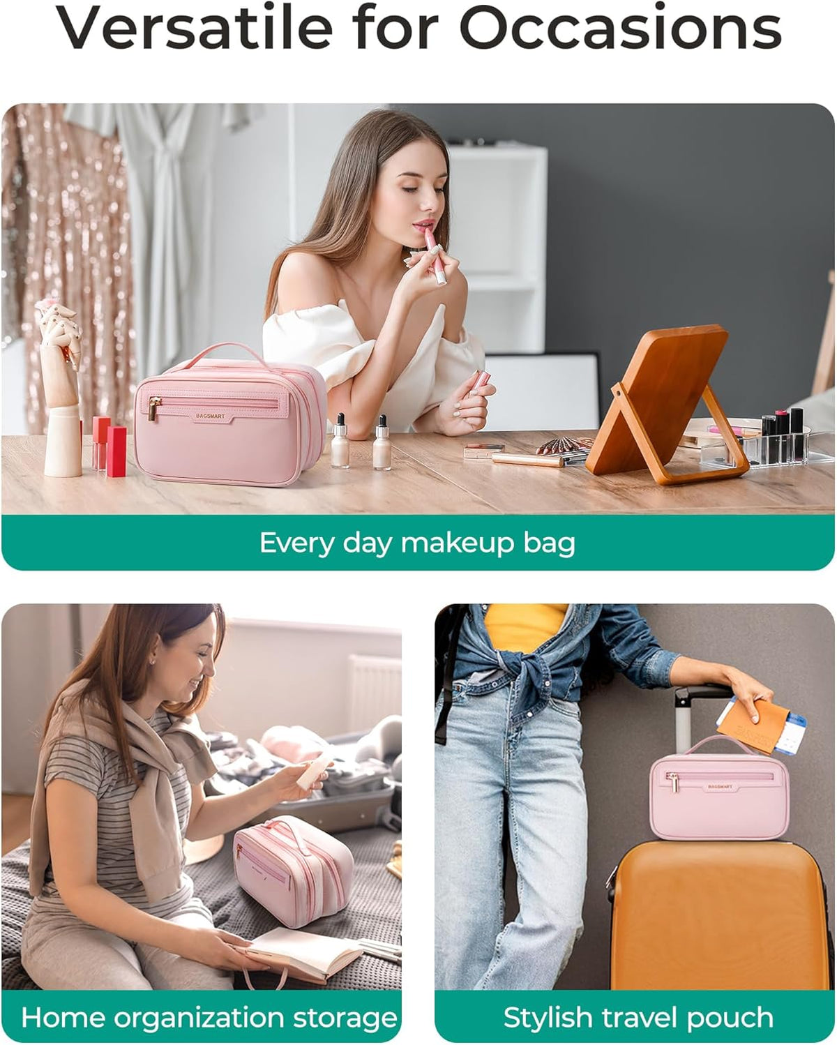 Travel Makeup Bag, Make Up Bag with Multiple Compartments for Organizer, Durable & Compact Cosmetic Organizer for Women for Travel Accessories (Beige)