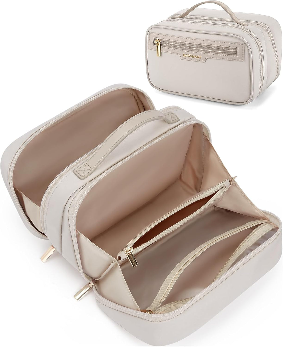 Travel Makeup Bag, Make Up Bag with Multiple Compartments for Organizer, Durable & Compact Cosmetic Organizer for Women for Travel Accessories (Beige)