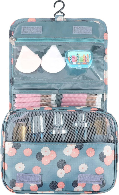 Hanging Toiletry Bag for Women, Portable Cosmetic Summer Beach Bag, Floral | 4 compartments, hanging hook, blue travel makeup bag, waterproof nylon, fold-out design, white pink floral, 9.4x6.8 in folded