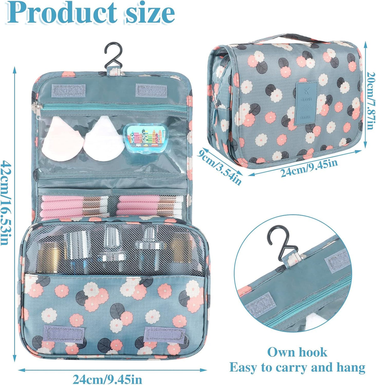 Hanging Toiletry Bag for Women, Portable Cosmetic Summer Beach Bag, Floral | 4 compartments, hanging hook, blue travel makeup bag, waterproof nylon, fold-out design, white pink floral, 9.4x6.8 in folded