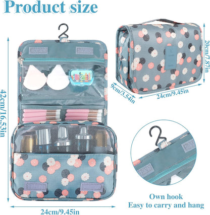Hanging Toiletry Bag for Women, Portable Cosmetic Summer Beach Bag, Floral | 4 compartments, hanging hook, blue travel makeup bag, waterproof nylon, fold-out design, white pink floral, 9.4x6.8 in folded