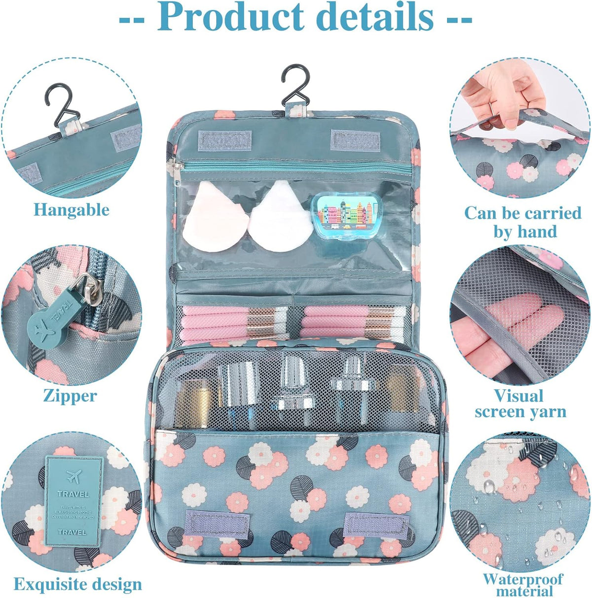 Hanging Toiletry Bag for Women, Portable Cosmetic Summer Beach Bag, Floral | 4 compartments, hanging hook, blue travel makeup bag, waterproof nylon, fold-out design, white pink floral, 9.4x6.8 in folded