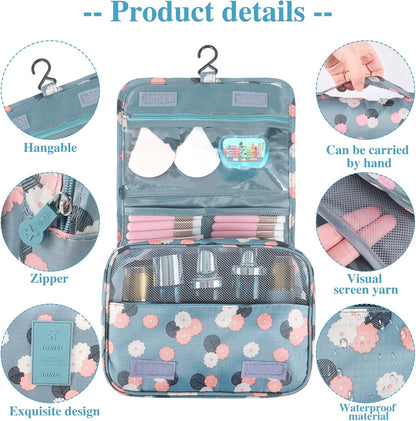 Hanging Toiletry Bag for Women, Portable Cosmetic Summer Beach Bag, Floral | 4 compartments, hanging hook, blue travel makeup bag, waterproof nylon, fold-out design, white pink floral, 9.4x6.8 in folded