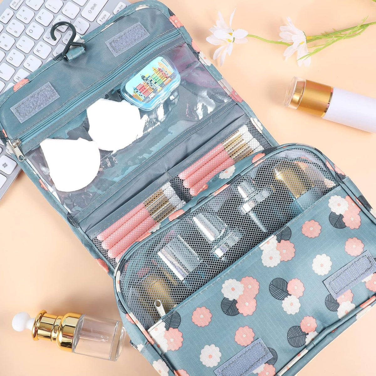 Hanging Toiletry Bag for Women, Portable Cosmetic Summer Beach Bag, Floral | 4 compartments, hanging hook, blue travel makeup bag, waterproof nylon, fold-out design, white pink floral, 9.4x6.8 in folded