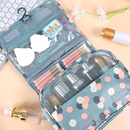 Hanging Toiletry Bag for Women, Portable Cosmetic Summer Beach Bag, Floral | 4 compartments, hanging hook, blue travel makeup bag, waterproof nylon, fold-out design, white pink floral, 9.4x6.8 in folded