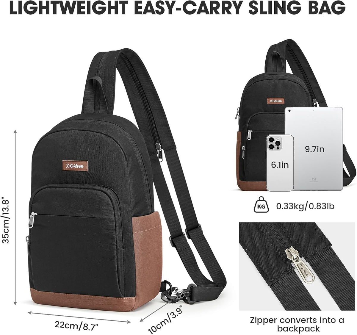 Small RFlD Crossbody Backpack Convertible Lightweight Mini Sling Bag for Women Men for Travel & Hiking, Black & Brown
