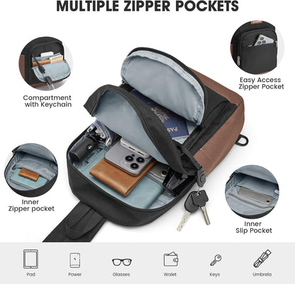 Small RFlD Crossbody Backpack Convertible Lightweight Mini Sling Bag for Women Men for Travel & Hiking, Black & Brown