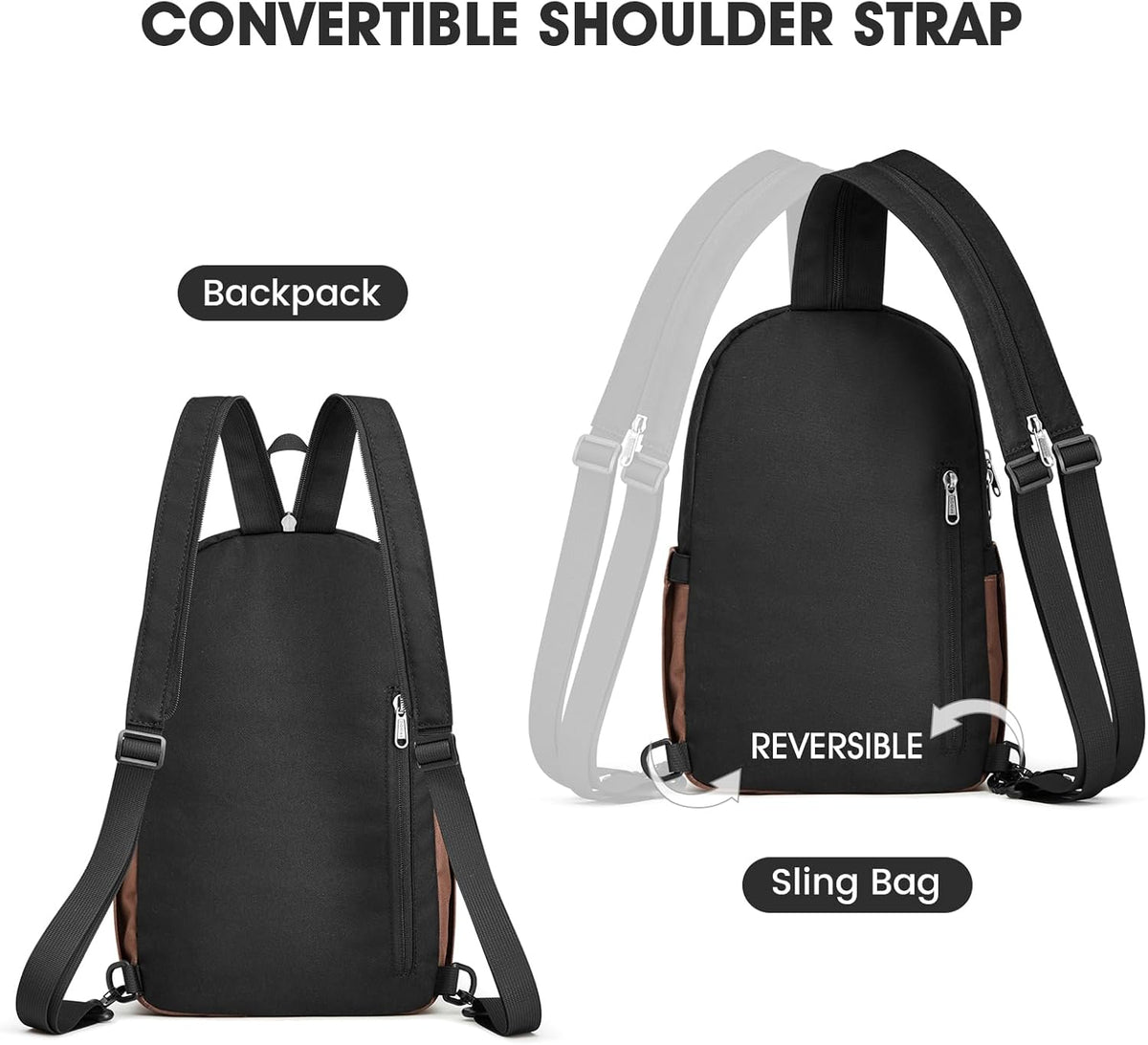 Small RFlD Crossbody Backpack Convertible Lightweight Mini Sling Bag for Women Men for Travel & Hiking, Black & Brown