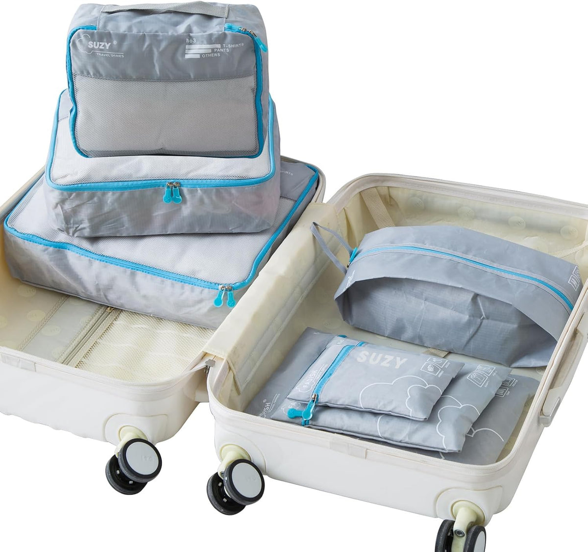 7 Piece Travel Packing Cubes Set Portable Luggage Organizer Bags for Clothes Cream
