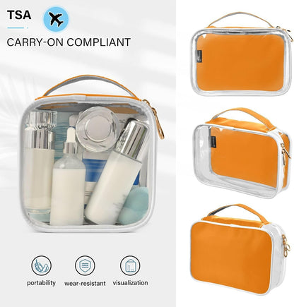 Yellow Clear Makeup Bags TSA Approved Toiletry Bag for Women Men Cosmetic Bags with Handle Carry On Airport Airline Compliant Bag Quart Size PVC Travel Bags for Toiletries Bathroom, 2 Pack