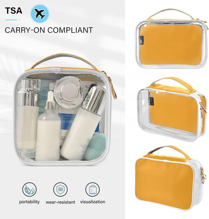 Yellow Clear Makeup Bags TSA Approved Toiletry Bag for Women Men Cosmetic Bags with Handle Carry On Airport Airline Compliant Bag Quart Size PVC Travel Bags for Toiletries Bathroom, 2 Pack