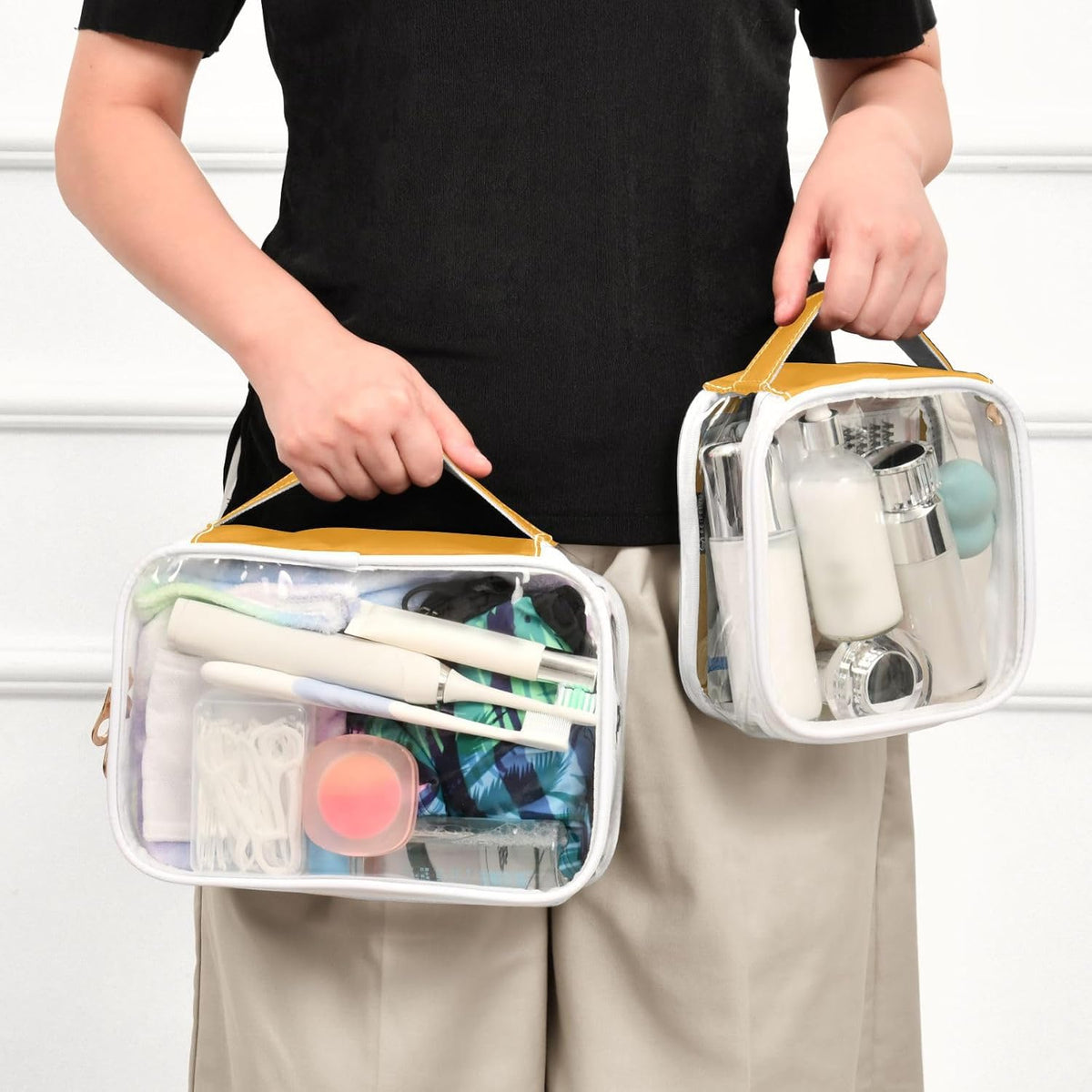 Yellow Clear Makeup Bags TSA Approved Toiletry Bag for Women Men Cosmetic Bags with Handle Carry On Airport Airline Compliant Bag Quart Size PVC Travel Bags for Toiletries Bathroom, 2 Pack