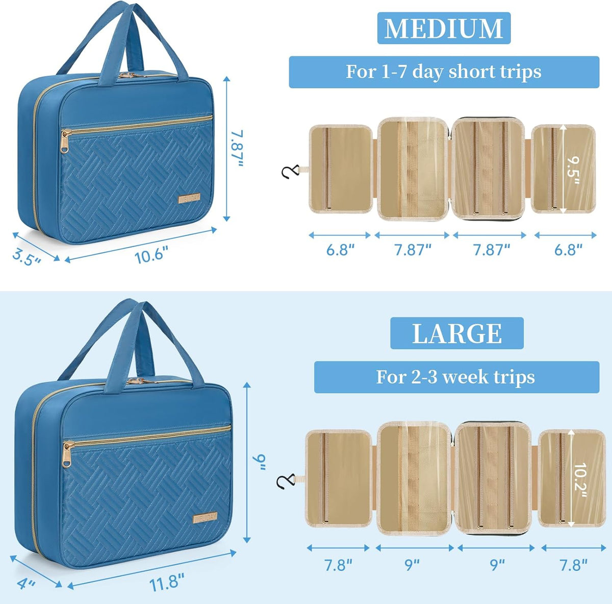 Travel Toiletry Bag for Women & Men Water Resistant Makeup Bag with Hanging Hook Portable Travel Organizer for Travel Accessories, Travel-Sized Shampoo, Toiletries (Medium-White)