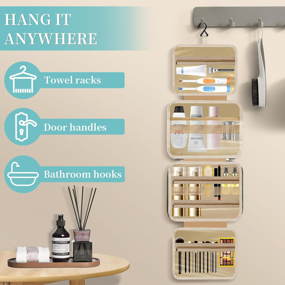 Travel Toiletry Bag for Women & Men Water Resistant Makeup Bag with Hanging Hook Portable Travel Organizer for Travel Accessories, Travel-Sized Shampoo, Toiletries (Medium-White)