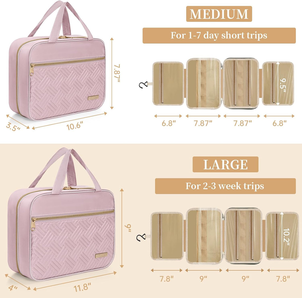 Travel Toiletry Bag for Women & Men Water Resistant Makeup Bag with Hanging Hook Portable Travel Organizer for Travel Accessories, Travel-Sized Shampoo, Toiletries (Medium-White)