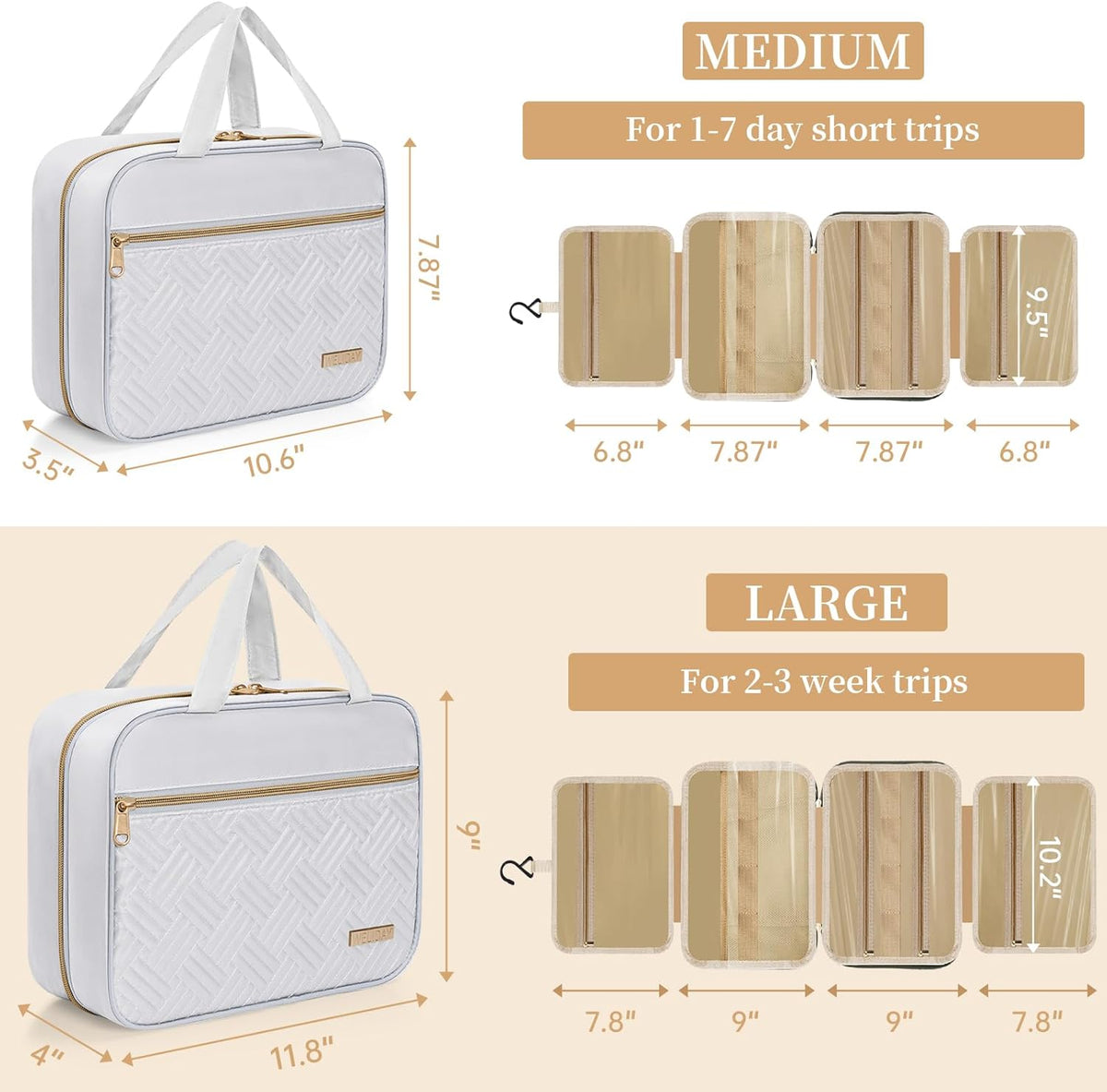 Travel Toiletry Bag for Women & Men Water Resistant Makeup Bag with Hanging Hook Portable Travel Organizer for Travel Accessories, Travel-Sized Shampoo, Toiletries (Medium-White)