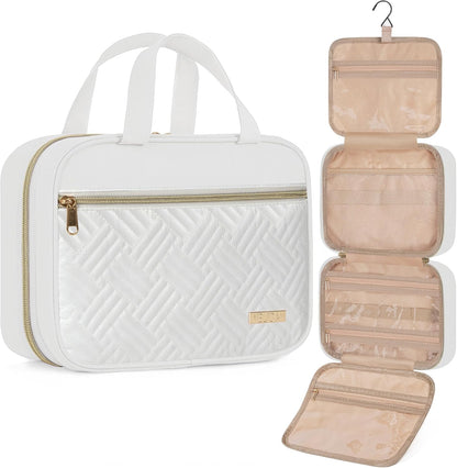 Travel Toiletry Bag for Women & Men Water Resistant Makeup Bag with Hanging Hook Portable Travel Organizer for Travel Accessories, Travel-Sized Shampoo, Toiletries (Medium-White)