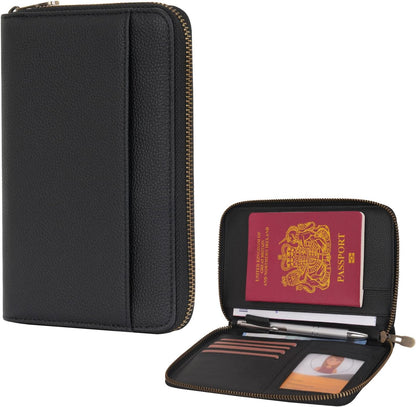 Leather Zipper Travel Passport Wallet Holder RFID Blocking Cover, Passport case Pocket Slot for Card, Cash, ID, Boarding Pass and Ticket for Men, Women and Family Trips (Brown)