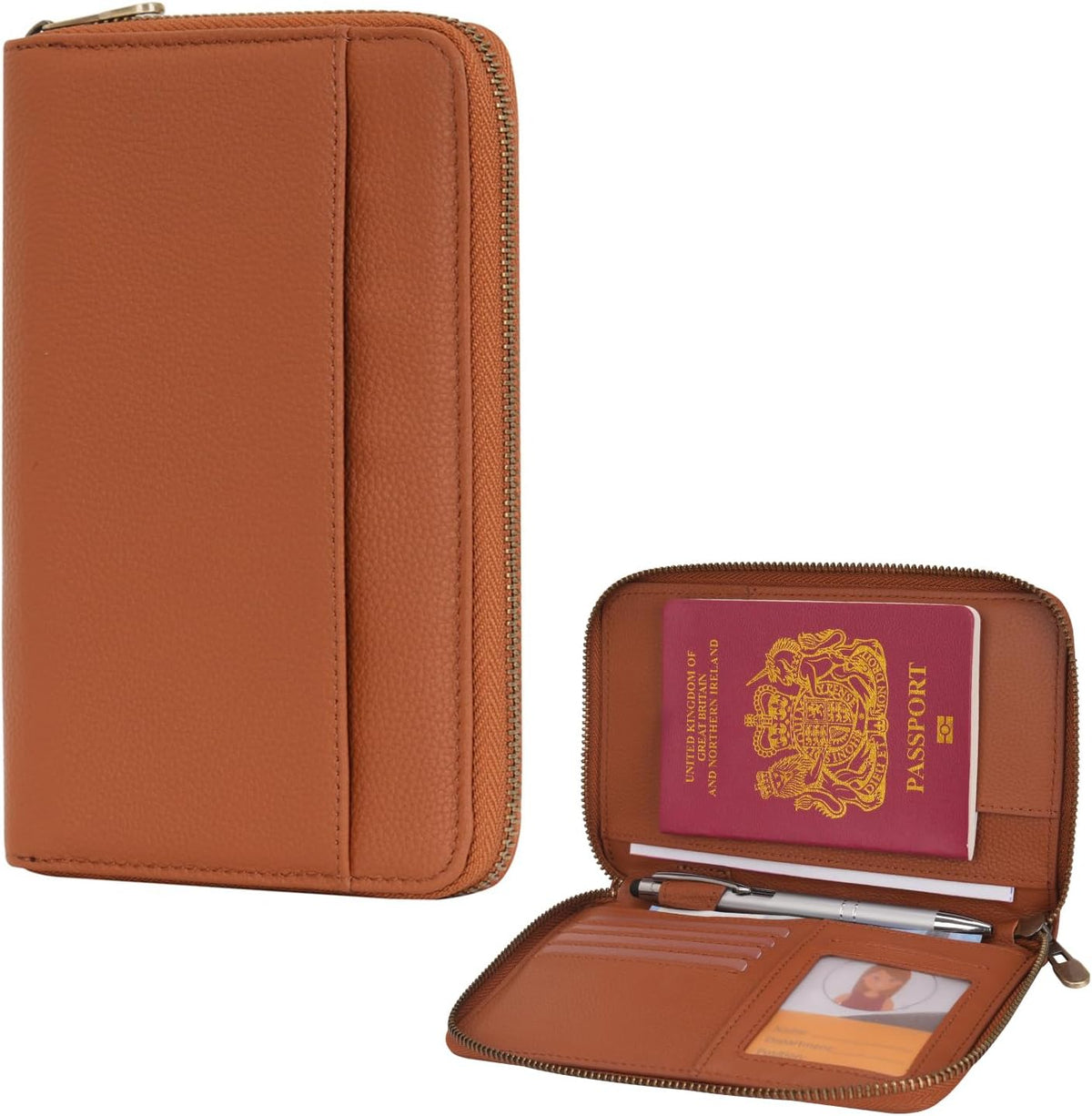 Leather Zipper Travel Passport Wallet Holder RFID Blocking Cover, Passport case Pocket Slot for Card, Cash, ID, Boarding Pass and Ticket for Men, Women and Family Trips (Brown)
